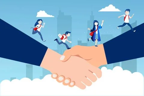 Vector of children students runnning on a bridge handshake Illustrazione stock