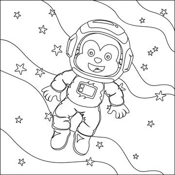 Vector children's coloring book. Cute tiger astronaut flies in space. Stock Illustration