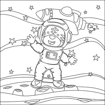 Vector children's coloring book. Cute tiger astronaut flies in space. Stock Illustration
