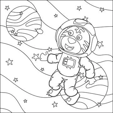 Vector children's coloring book. Cute tiger astronaut flies in space. Stock Illustration