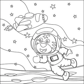 Vector children's coloring book. Cute tiger astronaut flies in space. Stock Illustration