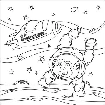 Vector children's coloring book. Cute monkey astronaut flies in space. Illustrazione stock