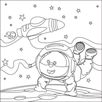 Vector children's coloring book. Cute bear astronaut flies in space. Stock Illustration