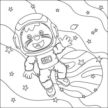 Vector children's coloring book. Cute lion astronaut flies in space. Stock Illustration