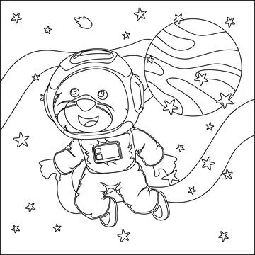 Vector children's coloring book. Cute lion astronaut flies in space. Stock Illustration