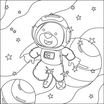 Vector children's coloring book. Cute bear astronaut flies in space. Stock Illustration