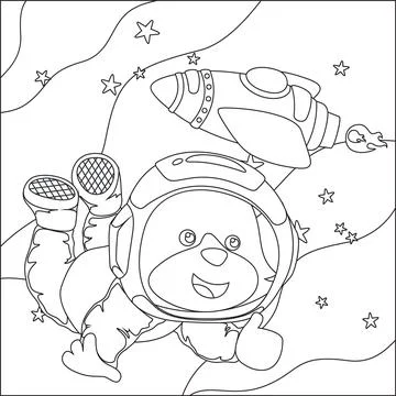 Vector children's coloring book. Cute bear astronaut flies in space. Stock Illustration