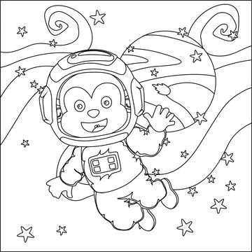 Vector children's coloring book. Cute monkey astronaut flies in space. Illustrazione stock