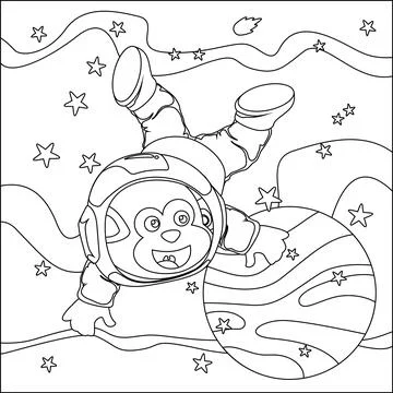 Vector children's coloring book. Cute monkey astronaut flies in space. Illustrazione stock