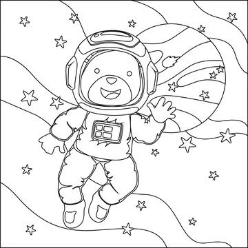 Vector children's coloring book. Cute bear astronaut flies in space. Stock Illustration