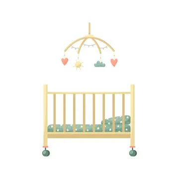 Vector children's illustration with a crib and a mobile with toys. Stock-Illustration
