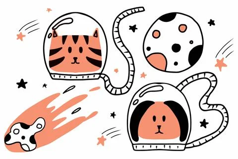 Vector childrens space set. Hand-drawn set of cat and dog astronaut in space. Stock Illustration
