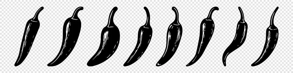 Vector Chili Pepper Silhouette Set. Vintage Hand Drawn Hot Chili Pepper. Black Stock Illustration