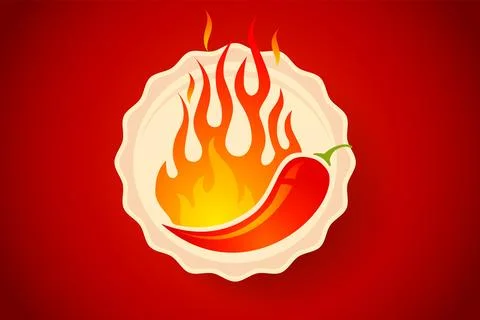 Vector chilli icon with fire. Vector logo with red chili with flame. Retro .. 스톡 일러스트