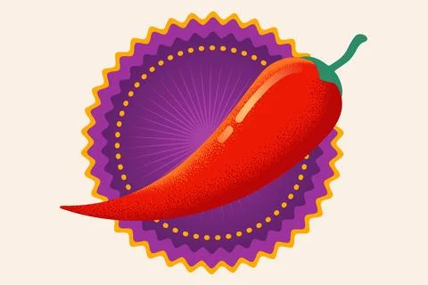 Vector chilli pepper in retro style is on purple banner. Vector vintage emb.. Stock Illustration