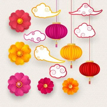 Vector Chinese 3d paper cut badges, clouds and sakura flowers. Bright flowers Stock Illustration