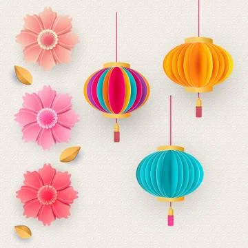 Vector Chinese 3d paper cut badges, clouds and sakura flowers. Bright flowers Stock Illustration