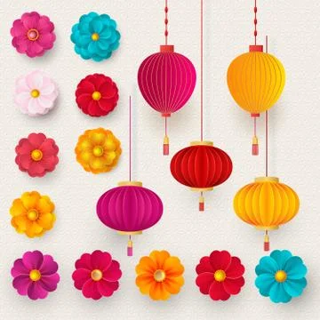 Vector Chinese 3d paper cut badges, clouds and sakura flowers. Bright flowers Stock Illustration