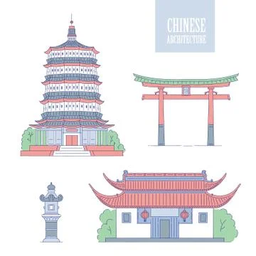 Vector Chinese architecture landmarks. Oriental buildings line art Stock Illustration