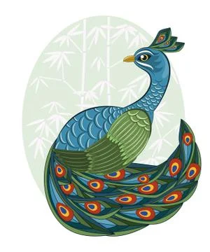 Vector  chinese style peacock on bamboo background Stock Illustration