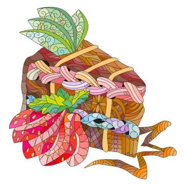 Vector chocolate cake with apple slices and sliced strawberries Illustrazione stock