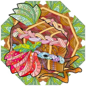 Vector chocolate cake with apple slices and sliced strawberries on a patterne Illustrazione stock