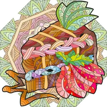 Vector chocolate cake with apple slices and sliced strawberries on a patterned Illustrazione stock