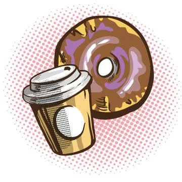 Vector chocolate donuts and cup of coffee. Cartoon pop art comic style. Stock Illustration