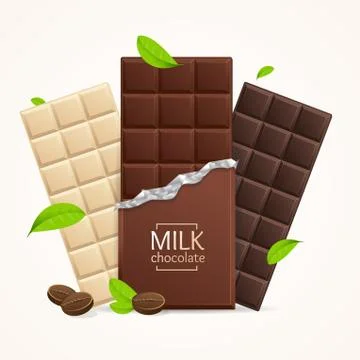 Vector Chocolate Package Bar Blank - Milk, White and Dark. Stock Illustration
