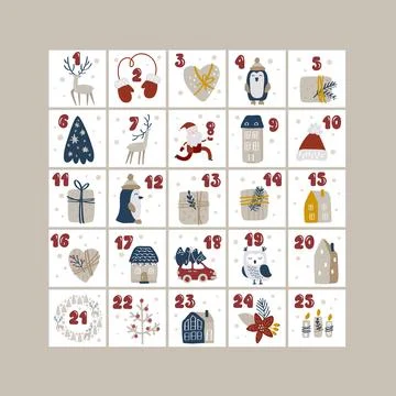 Vector Christmas advent calendar with hand drawn design elements Printables Stock Illustration