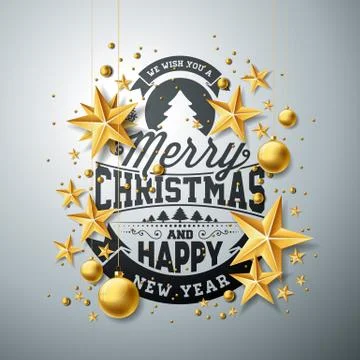Vector Christmas and New Year illustration with typography and cutout paper Illustrazione stock