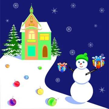 Vector christmas and new year illustratiob with a house and a snowman, for Stock Illustration