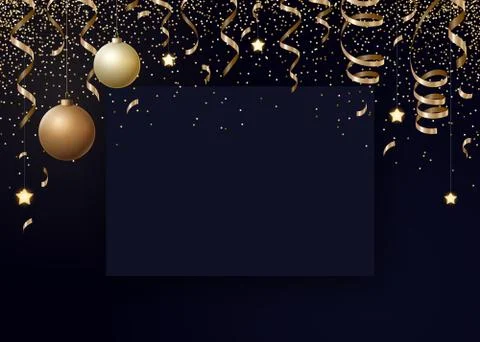 Vector Christmas background with gold serpentines, glitter, confetty and Stock Illustration
