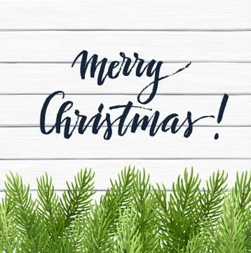 Vector Christmas background with lettering and green fir branches on a white Stock Illustration
