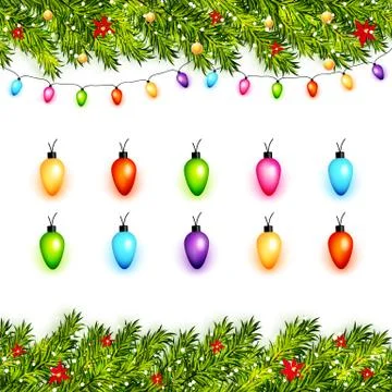 Vector christmas background with pine branches and colorful lights on white Stock Illustration