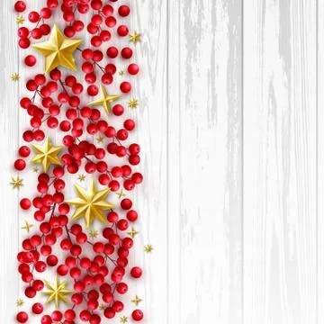 Vector Christmas Background with Realistic Decoration of Red Holly Berry Bran Stock Illustration