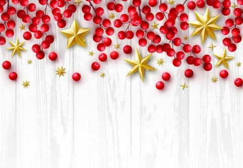 Vector Christmas Background with Realistic Decoration of Red Holly Berry Bran Stock Illustration