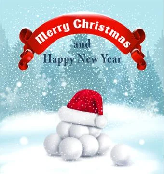 Vector Christmas background with snowballs, red ribbon and red hat of Santa C Illustrazione stock