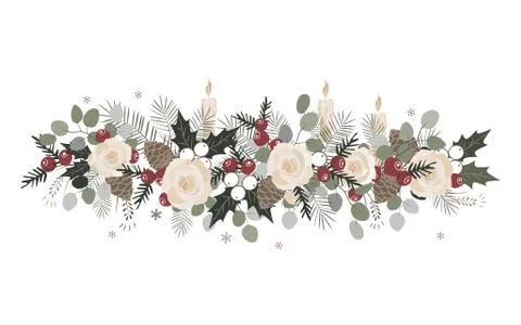 Vector Christmas border with fir branches, beriies, roses, ilex and cones. De Stock Illustration