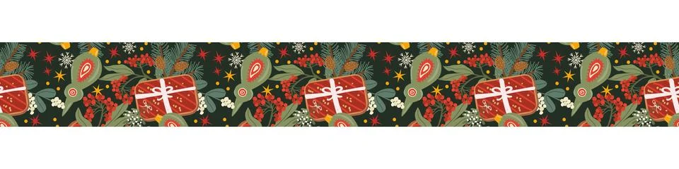 Vector christmas border pattern with gigt cookie, winter berry and snowflakes Stock Illustration