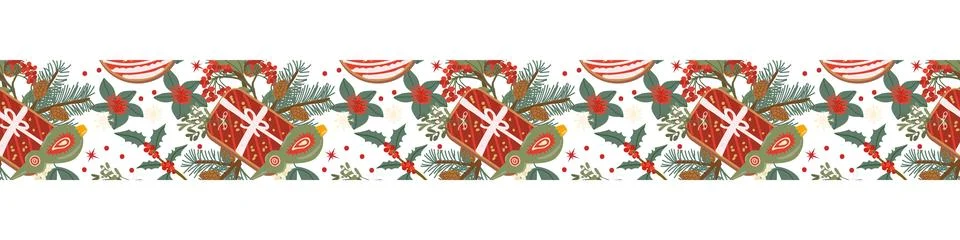Vector christmas border pattern with winter flowers christmas cookies and 스톡 일러스트