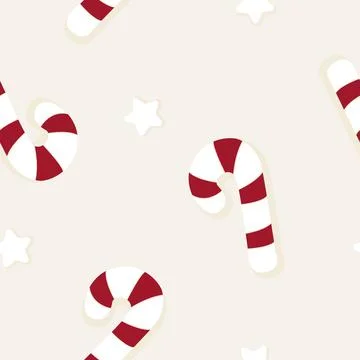 Vector Christmas Candy Cane and Stars Confetti on Beige seamless pattern Stock Illustration