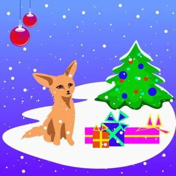 Vector christmas card with  fox cub,  tree and presents Stock Illustration