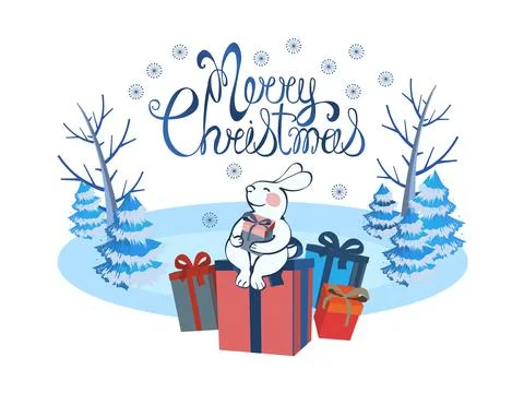 Vector Christmas card with rabbit. Handwritten lettering Merry Christmas Stock Illustration