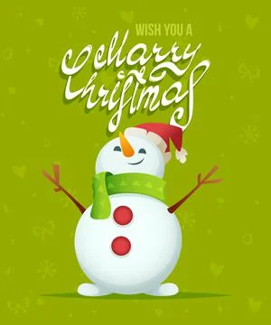 Vector Christmas card with a snowman on a green background with the inscription Stock Illustration