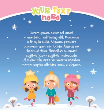 Vector christmas card template with cute boy and girls characters Illustrazione stock