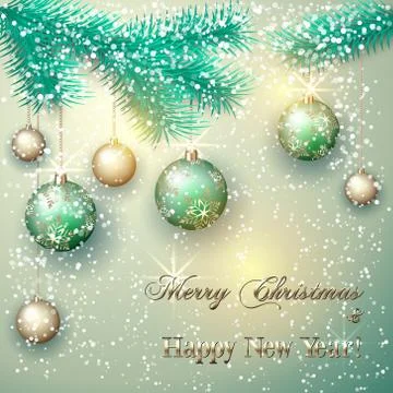 Vector christmas card with tree branch and balls on snow background Stock Illustration