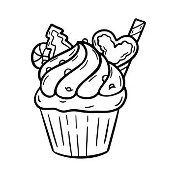 Vector christmas doodle cupcake with cream hand drawn design. Sweet new year Stock Illustration