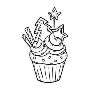 Vector christmas doodle cupcake with cream hand drawn design. Sweet new year Stock Illustration