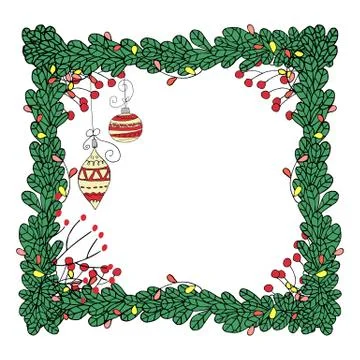 Vector christmas frame with fir-tree branches and garlands in hand drawn style. Stock Illustration